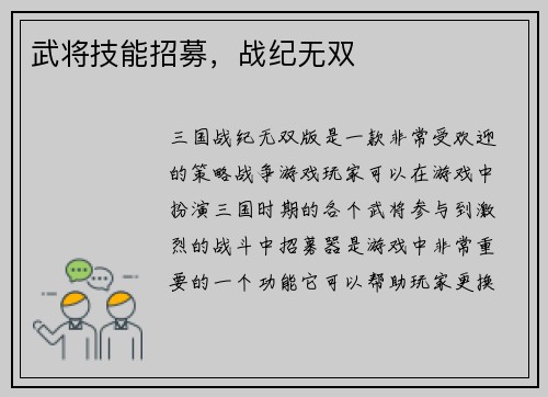 武将技能招募，战纪无双